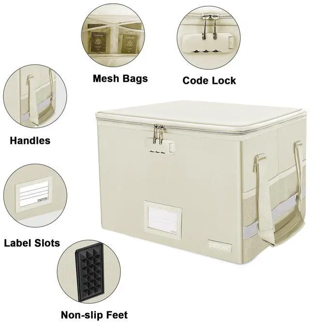 Alt view image 3 of 7 - File Box with Lock, Fireproof Document Box with Zipper Lid, Collapsible File Storage Organizer Filing Cabinet with Handles, Portable Home Office Safe for Hanging Letter/Legal Folders, Beige