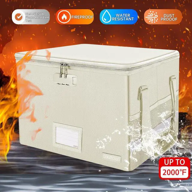 Alt view image 5 of 7 - File Box with Lock, Fireproof Document Box with Zipper Lid, Collapsible File Storage Organizer Filing Cabinet with Handles, Portable Home Office Safe for Hanging Letter/Legal Folders, Beige