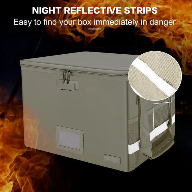 Alt view image 6 of 7 - File Box with Lock, Fireproof Document Box with Zipper Lid, Collapsible File Storage Organizer Filing Cabinet with Handles, Portable Home Office Safe for Hanging Letter/Legal Folders, Beige