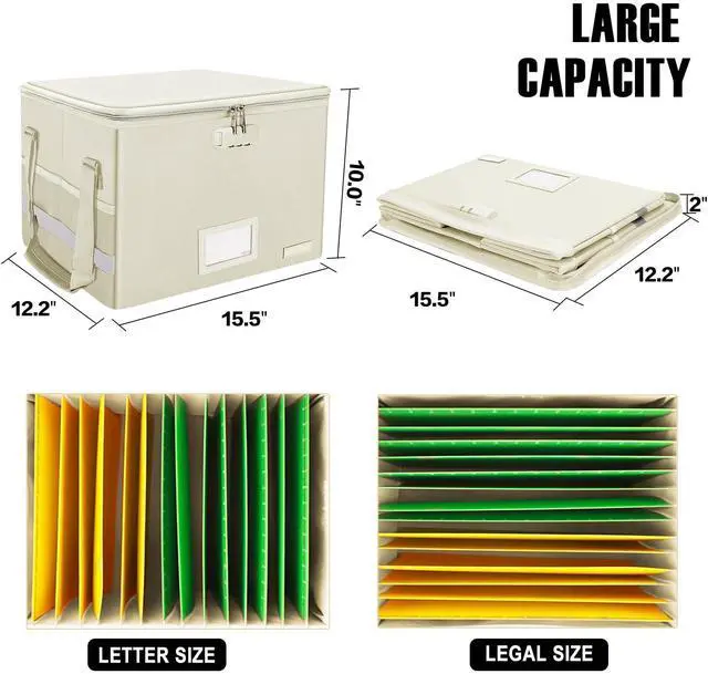 Alt view image 4 of 7 - File Box with Lock, Fireproof Document Box with Zipper Lid, Collapsible File Storage Organizer Filing Cabinet with Handles, Portable Home Office Safe for Hanging Letter/Legal Folders, Beige