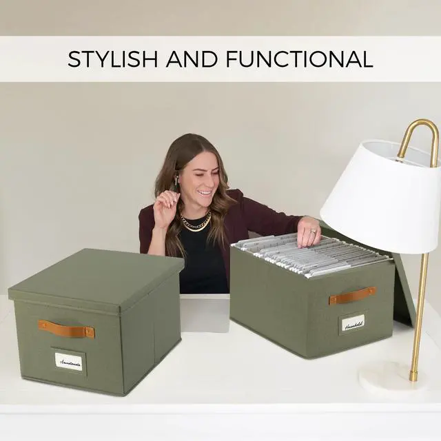 Alt view image 2 of 7 - Decorative File Organizer Box Set of 2 - Collapsible Linen Filing Cabinets w/Handles Are Perfect to Store all Your Documents & Hanging File Folders - Portable Easy Slide Crates with Lid