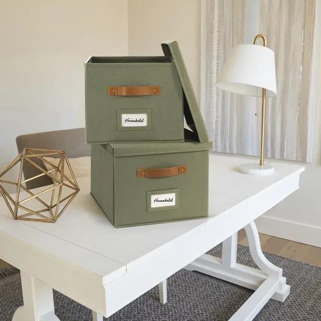 Alt view image 3 of 7 - Decorative File Organizer Box Set of 2 - Collapsible Linen Filing Cabinets w/Handles Are Perfect to Store all Your Documents & Hanging File Folders - Portable Easy Slide Crates with Lid