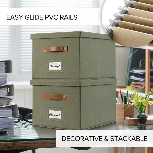 Alt view image 4 of 7 - Decorative File Organizer Box Set of 2 - Collapsible Linen Filing Cabinets w/Handles Are Perfect to Store all Your Documents & Hanging File Folders - Portable Easy Slide Crates with Lid