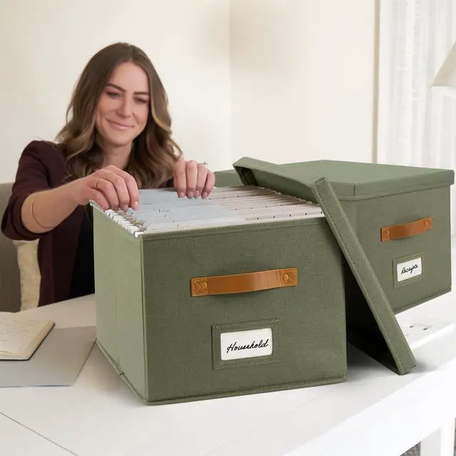 Alt view image 6 of 7 - Decorative File Organizer Box Set of 2 - Collapsible Linen Filing Cabinets w/Handles Are Perfect to Store all Your Documents & Hanging File Folders - Portable Easy Slide Crates with Lid