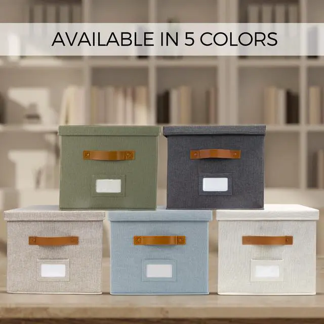 Alt view image 7 of 7 - Decorative File Organizer Box Set of 2 - Collapsible Linen Filing Cabinets w/Handles Are Perfect to Store all Your Documents & Hanging File Folders - Portable Easy Slide Crates with Lid