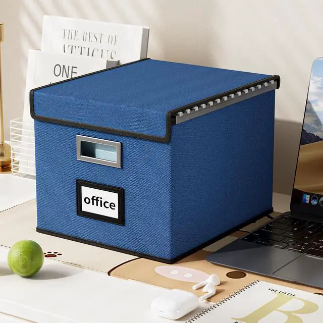 Alt view image 4 of 7 - File Organizer Box with Lid, Collapsible File Folder Organizer for Office Document Storage, Filing Box with Plastic Slide for Letter Size Hanging File Folders(1 Pack, Royal Blue)