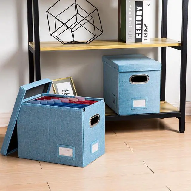 Alt view image 3 of 7 - File Organizer Box - Set of 1 Collapsible Decorative Linen Filing Storage Hanging File Folders with Lids Office Cabinet Letter Size Blue (14x9.3x10.8 inch)