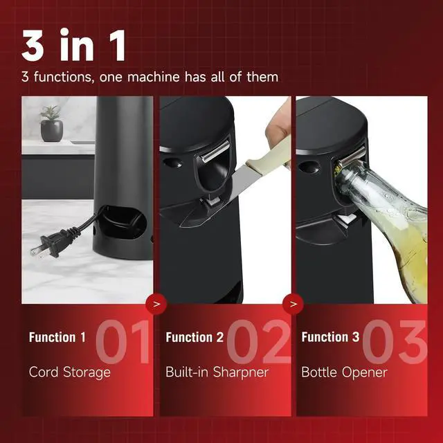 Alt view image 6 of 7 - Electric Can Opener, Removable Stainless Steel Cutter and 3-in-1 Design with Knife Sharpener and Bottle Opener (Black-Stainless Steel)