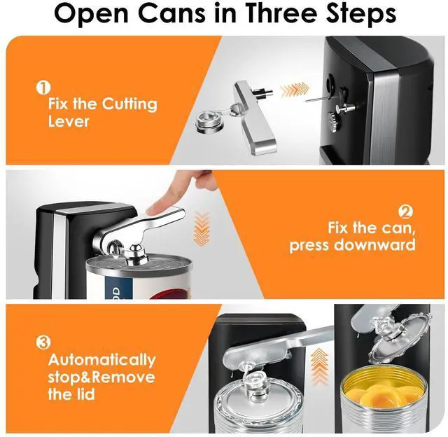 Alt view image 4 of 5 - Electric Can Opener - One-Touch Hands-Free Operation,Removable Stainless Steel Cutter, 3-in-1 Design with Knife Sharpener&Bottle Opener(Black)
