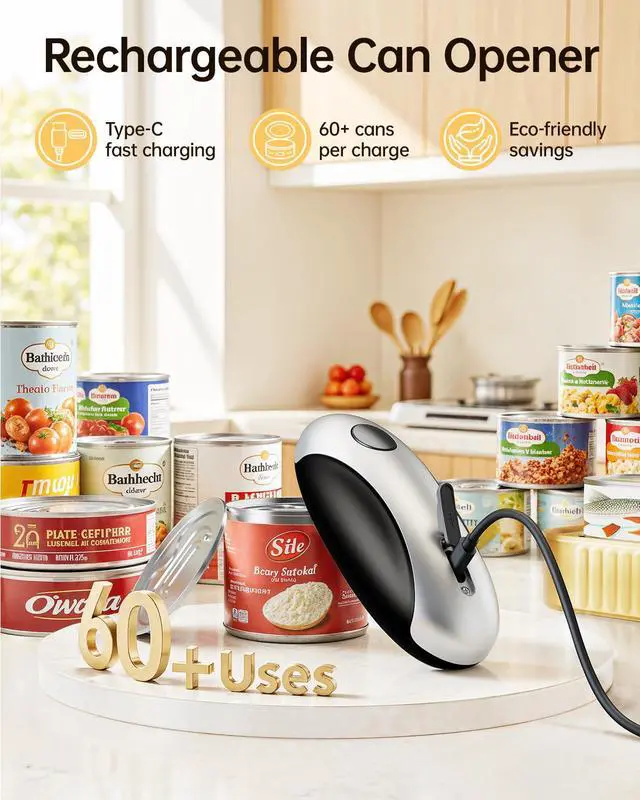 Alt view image 2 of 7 - Rechargeable Electric Can Opener - Smooth Edge, One-Touch Automatic Can Opener for Seniors & Arthritis, Hands-Free Can Openers for Kitchen, Type-C Fast Charge, Compact Portable Can Openers