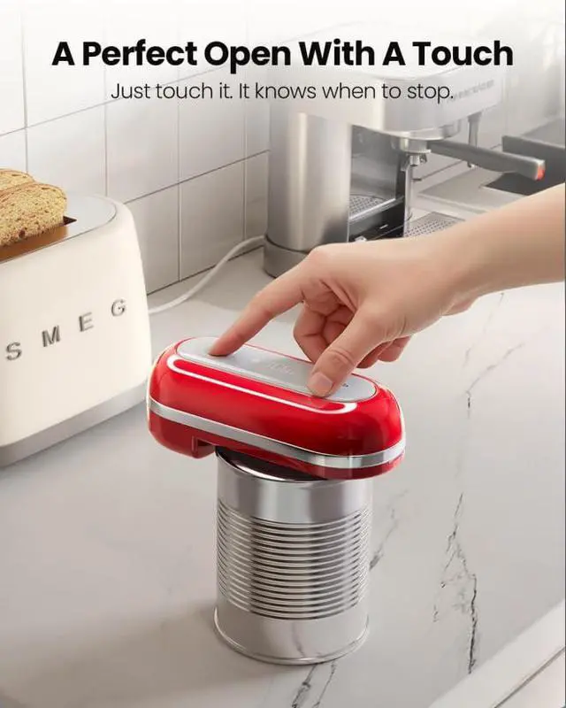 Alt view image 3 of 6 - RETRO Electric Can Opener, Auto-Stop One-Touch Operation, USB Rechargeable with LED Battery Track, Side Cut Smooth Edge Can Opener for Seniors with Arthritis, Wall-Mountable Small Size, Red