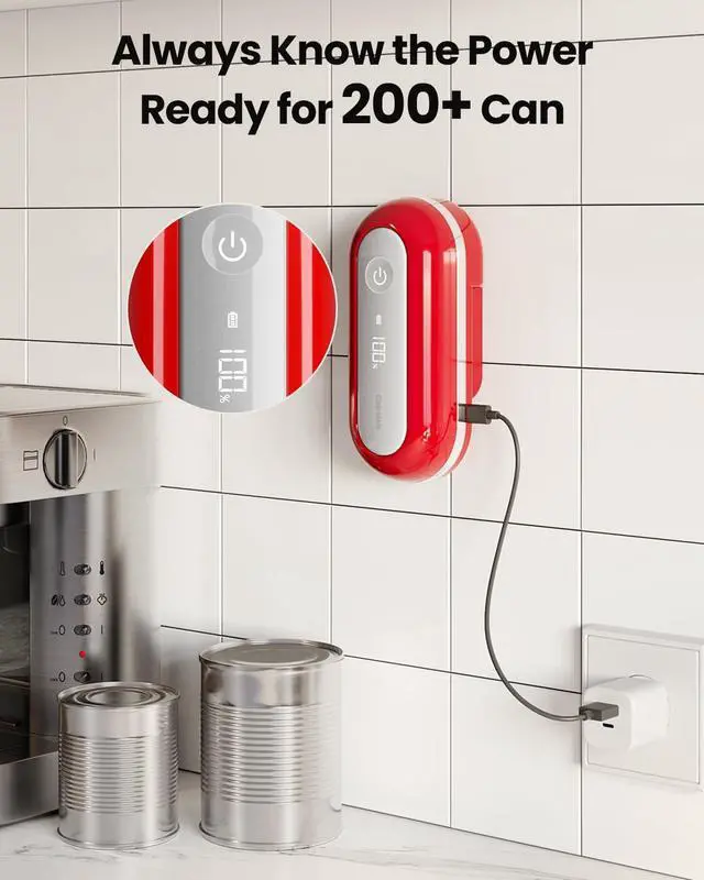 Alt view image 4 of 6 - RETRO Electric Can Opener, Auto-Stop One-Touch Operation, USB Rechargeable with LED Battery Track, Side Cut Smooth Edge Can Opener for Seniors with Arthritis, Wall-Mountable Small Size, Red
