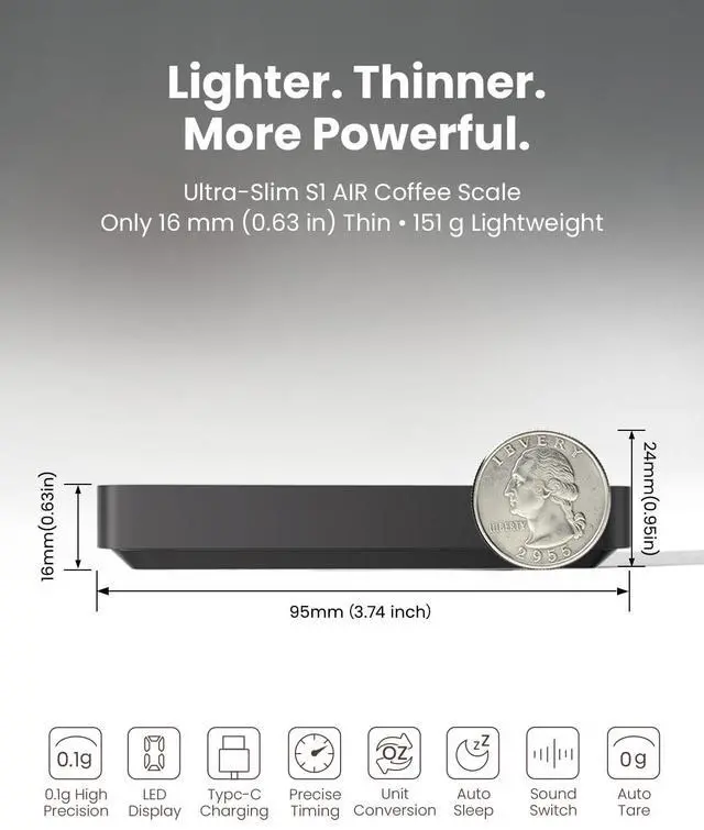 Alt view image 7 of 7 - S1 Air Ultra-Slim Espresso Coffee Scale with Timer, 0.1g Precision Shot Scale with Auto Brewing Mode & 3 Brew Modes, Rechargeable Digital Scale for Espresso & Pour Over