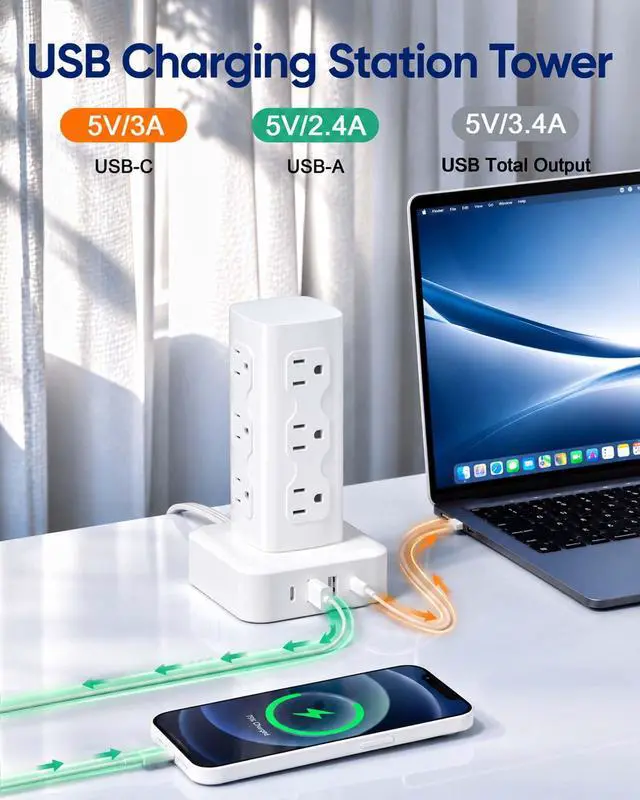 Alt view image 2 of 6 - Power Strip Tower Surge Protector(2000J), Flat Plug Charging Station Tower with 12 AC Outlets & 4 USB Ports(2 USB C), 6FT Extension Cord for Home Office Dorm, White