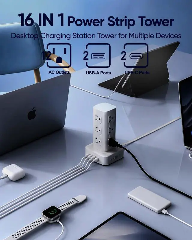 Alt view image 3 of 6 - Power Strip Tower Surge Protector(2000J), Flat Plug Charging Station Tower with 12 AC Outlets & 4 USB Ports(2 USB C), 6FT Extension Cord for Home Office Dorm, White