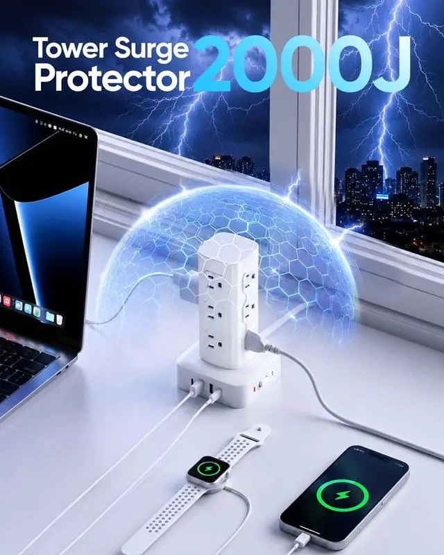 Alt view image 4 of 6 - Power Strip Tower Surge Protector(2000J), Flat Plug Charging Station Tower with 12 AC Outlets & 4 USB Ports(2 USB C), 6FT Extension Cord for Home Office Dorm, White