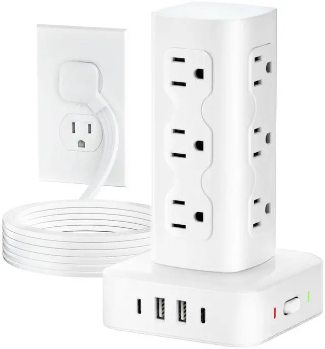 Main image of Power Strip Tower Surge Protector(2000J), Flat Plug Charging Station Tower with 12 AC Outlets & 4 USB Ports(2 USB C), 6FT Extension Cord for Home Office Dorm, White