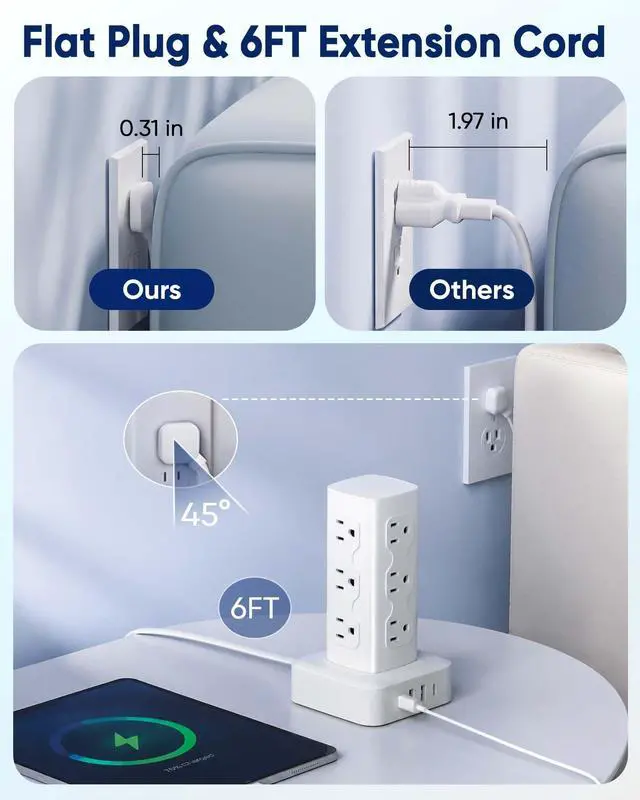 Alt view image 5 of 6 - Power Strip Tower Surge Protector(2000J), Flat Plug Charging Station Tower with 12 AC Outlets & 4 USB Ports(2 USB C), 6FT Extension Cord for Home Office Dorm, White