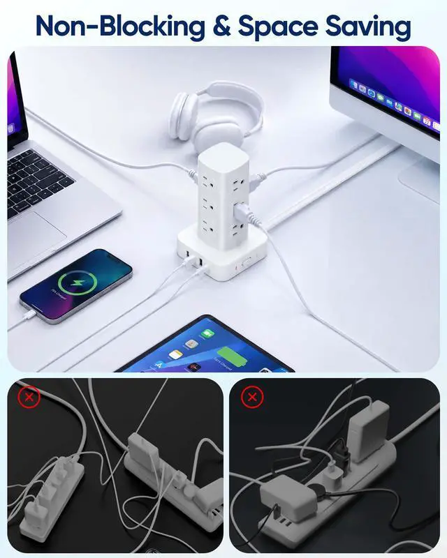 Alt view image 6 of 6 - Power Strip Tower Surge Protector(2000J), Flat Plug Charging Station Tower with 12 AC Outlets & 4 USB Ports(2 USB C), 6FT Extension Cord for Home Office Dorm, White