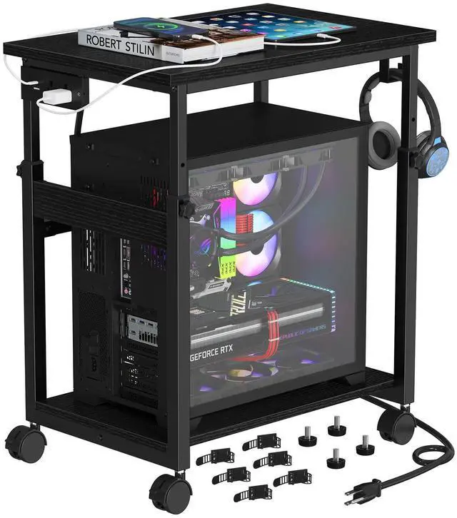 Main image of Extra-Large Computer Tower Stand with Charging Station, Adjustable PC Tower Stand for Floor 25.2"-36.2", Mobile Rolling CPU Holder Cart with Locking Wheels for Gaming Office Home