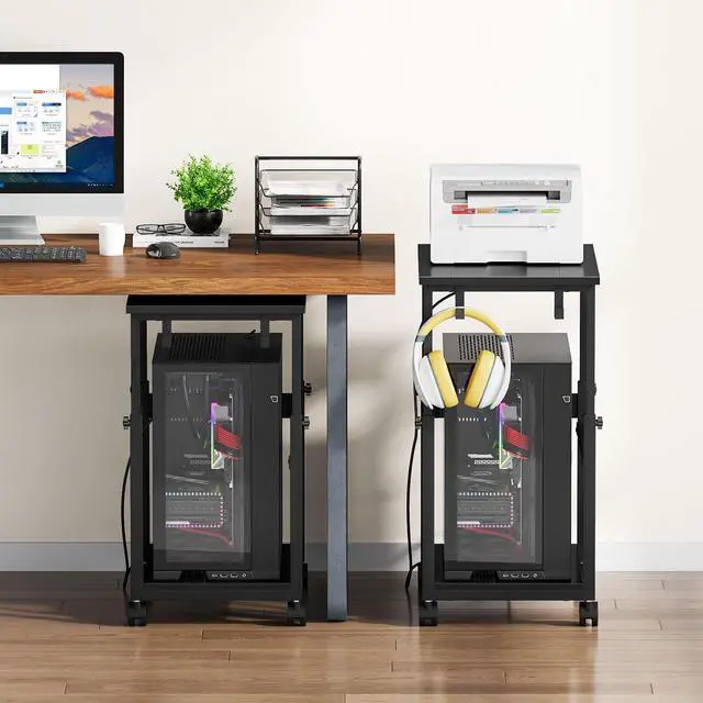 Alt view image 2 of 7 - Extra-Large Computer Tower Stand with Charging Station, Adjustable PC Tower Stand for Floor 25.2"-36.2", Mobile Rolling CPU Holder Cart with Locking Wheels for Gaming Office Home