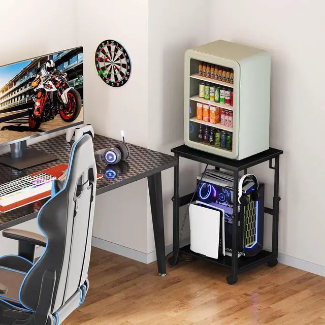 Alt view image 6 of 7 - Extra-Large Computer Tower Stand with Charging Station, Adjustable PC Tower Stand for Floor 25.2"-36.2", Mobile Rolling CPU Holder Cart with Locking Wheels for Gaming Office Home