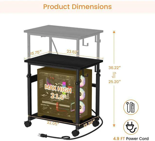 Alt view image 3 of 7 - Extra-Large Computer Tower Stand with Charging Station, Adjustable PC Tower Stand for Floor 25.2"-36.2", Mobile Rolling CPU Holder Cart with Locking Wheels for Gaming Office Home