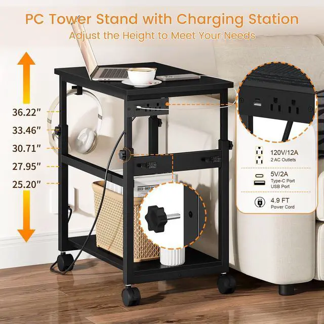 Alt view image 4 of 7 - Extra-Large Computer Tower Stand with Charging Station, Adjustable PC Tower Stand for Floor 25.2"-36.2", Mobile Rolling CPU Holder Cart with Locking Wheels for Gaming Office Home