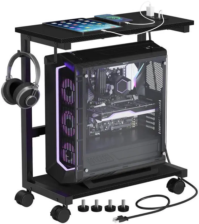 Main image of Computer Tower Stand with Charge Station, 25.0"-32.1" Height Ajustable PC Tower Stand for Floor, Mobile CPU Holder Cart for Carpet with Hooks, PC Cart for Gaming Office Home