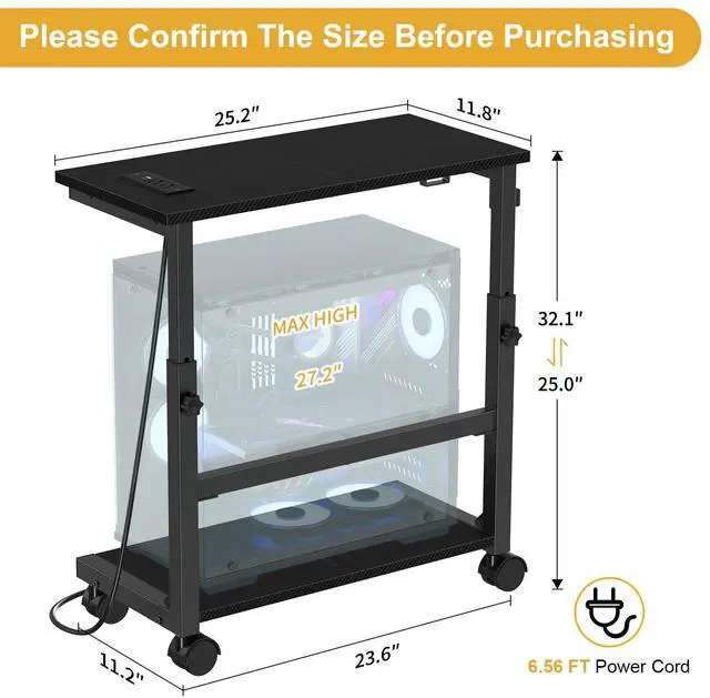 Alt view image 3 of 7 - Computer Tower Stand with Charge Station, 25.0"-32.1" Height Ajustable PC Tower Stand for Floor, Mobile CPU Holder Cart for Carpet with Hooks, PC Cart for Gaming Office Home