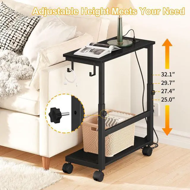 Alt view image 5 of 7 - Computer Tower Stand with Charge Station, 25.0"-32.1" Height Ajustable PC Tower Stand for Floor, Mobile CPU Holder Cart for Carpet with Hooks, PC Cart for Gaming Office Home