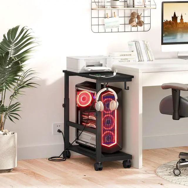 Alt view image 2 of 7 - Computer Tower Stand with Charge Station, 25.0"-32.1" Height Ajustable PC Tower Stand for Floor, Mobile CPU Holder Cart for Carpet with Hooks, PC Cart for Gaming Office Home