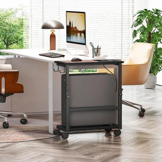 Alt view image 7 of 7 - Computer Tower Stand with Charge Station, 25.0"-32.1" Height Ajustable PC Tower Stand for Floor, Mobile CPU Holder Cart for Carpet with Hooks, PC Cart for Gaming Office Home