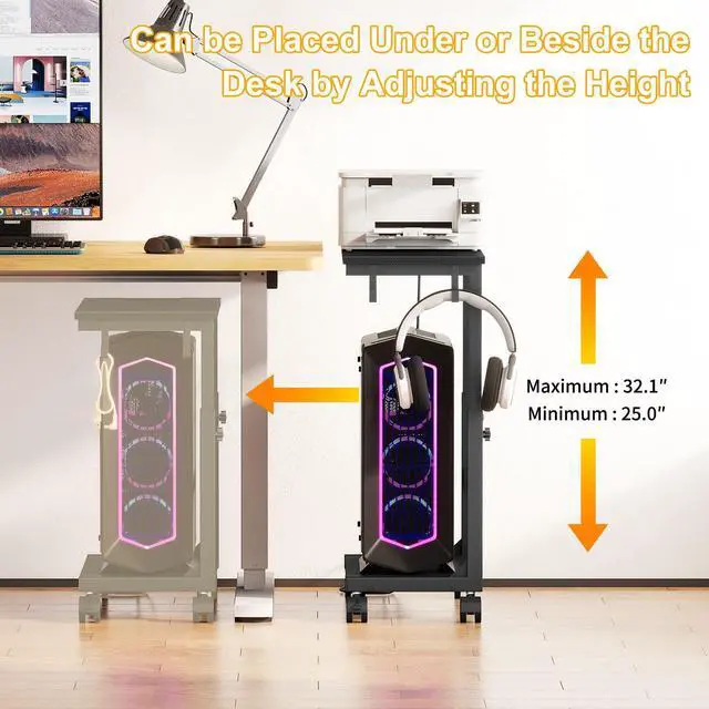 Alt view image 4 of 7 - Computer Tower Stand with Charge Station, 25.0"-32.1" Height Ajustable PC Tower Stand for Floor, Mobile CPU Holder Cart for Carpet with Hooks, PC Cart for Gaming Office Home