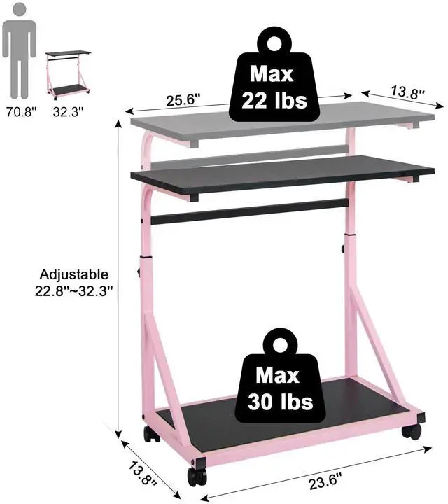 Alt view image 3 of 7 - Computer Tower Stand, 2-Tier CPU Holder with Lockable Wheels, Adjustable Height PC Stand for Floor, Mobile PC Laptop Standing Table for Home Office (Black and Pink)
