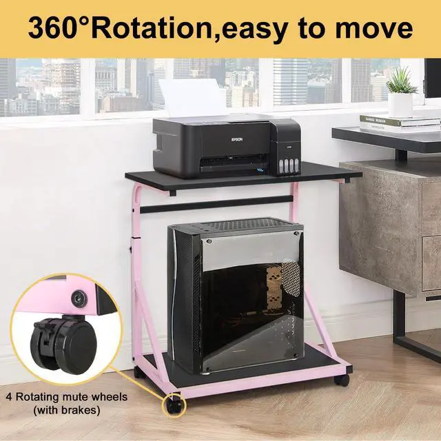 Alt view image 4 of 7 - Computer Tower Stand, 2-Tier CPU Holder with Lockable Wheels, Adjustable Height PC Stand for Floor, Mobile PC Laptop Standing Table for Home Office (Black and Pink)
