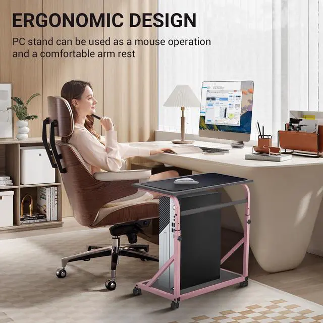 Alt view image 2 of 7 - Computer Tower Stand, 2-Tier CPU Holder with Lockable Wheels, Adjustable Height PC Stand for Floor, Mobile PC Laptop Standing Table for Home Office (Black and Pink)