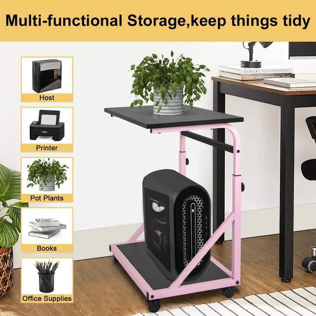 Alt view image 5 of 7 - Computer Tower Stand, 2-Tier CPU Holder with Lockable Wheels, Adjustable Height PC Stand for Floor, Mobile PC Laptop Standing Table for Home Office (Black and Pink)