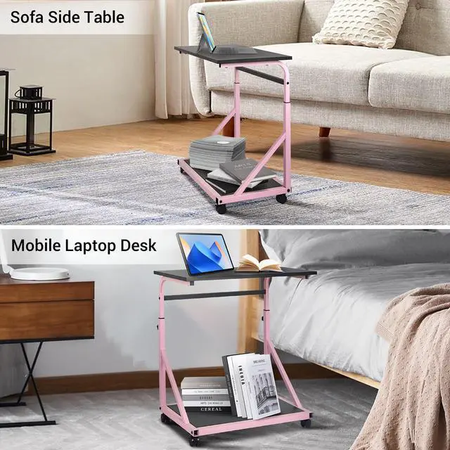 Alt view image 6 of 7 - Computer Tower Stand, 2-Tier CPU Holder with Lockable Wheels, Adjustable Height PC Stand for Floor, Mobile PC Laptop Standing Table for Home Office (Black and Pink)