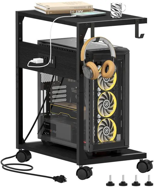 Main image of 2 Tier Computer Tower Stand with Charging Station, 11.8" D x 16.5" W Rolling Floor PC Tower Stand Fits Under Desk, CPU Holder Cart for Carpet with Hooks, Home Office