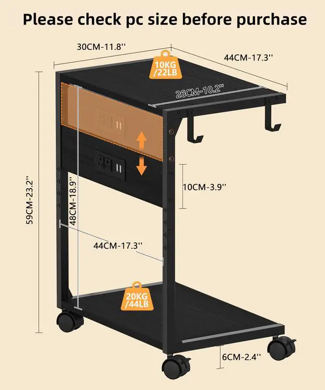 Alt view image 2 of 7 - 2 Tier Computer Tower Stand with Charging Station, 11.8" D x 16.5" W Rolling Floor PC Tower Stand Fits Under Desk, CPU Holder Cart for Carpet with Hooks, Home Office