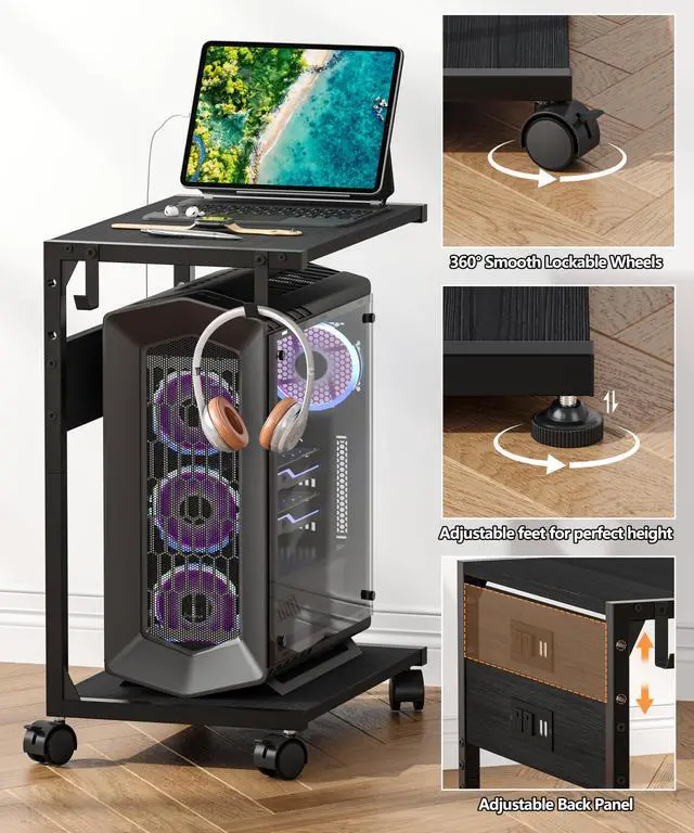 Alt view image 6 of 7 - 2 Tier Computer Tower Stand with Charging Station, 11.8" D x 16.5" W Rolling Floor PC Tower Stand Fits Under Desk, CPU Holder Cart for Carpet with Hooks, Home Office