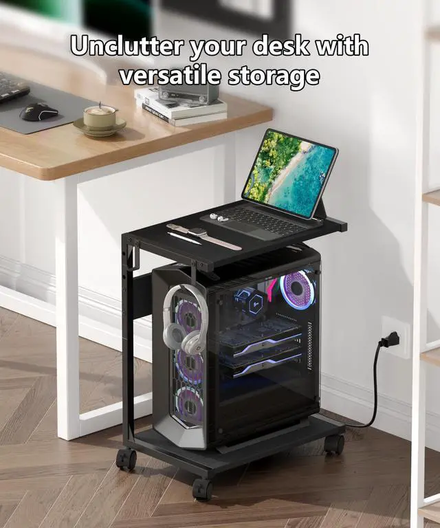Alt view image 3 of 7 - 2 Tier Computer Tower Stand with Charging Station, 11.8" D x 16.5" W Rolling Floor PC Tower Stand Fits Under Desk, CPU Holder Cart for Carpet with Hooks, Home Office