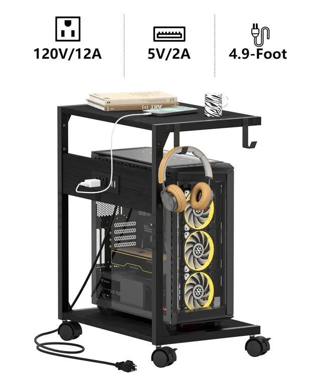 Alt view image 7 of 7 - 2 Tier Computer Tower Stand with Charging Station, 11.8" D x 16.5" W Rolling Floor PC Tower Stand Fits Under Desk, CPU Holder Cart for Carpet with Hooks, Home Office