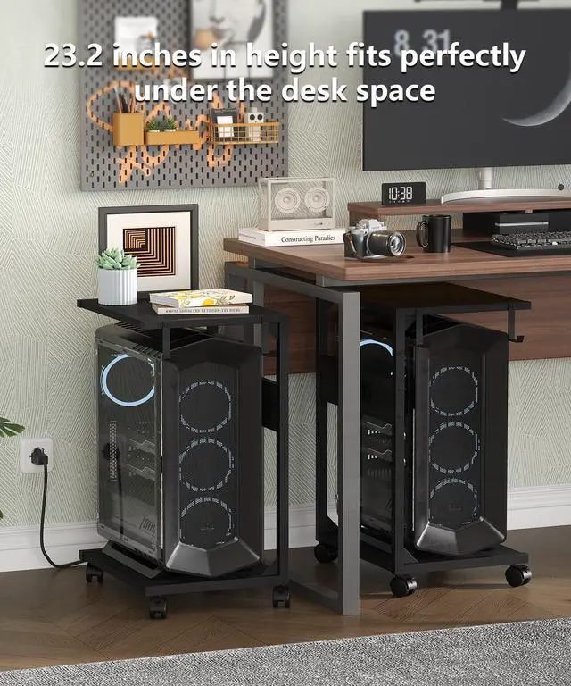 Alt view image 4 of 7 - 2 Tier Computer Tower Stand with Charging Station, 11.8" D x 16.5" W Rolling Floor PC Tower Stand Fits Under Desk, CPU Holder Cart for Carpet with Hooks, Home Office