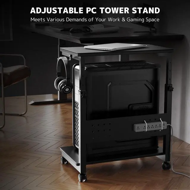 Alt view image 2 of 7 - Computer Tower Stand Cart - 2-Tier CPU Cart with 4 Casters, Rolling Holder with Pegboard & 2 Hooks, Height Adjustable from 19 1/8" to 31 11/16", for Office Home Gaming