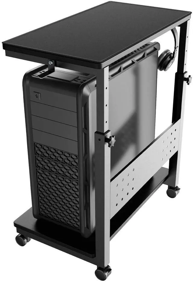 Main image of Computer Tower Stand Cart - 2-Tier CPU Cart with 4 Casters, Rolling Holder with Pegboard & 2 Hooks, Height Adjustable from 19 1/8" to 31 11/16", for Office Home Gaming