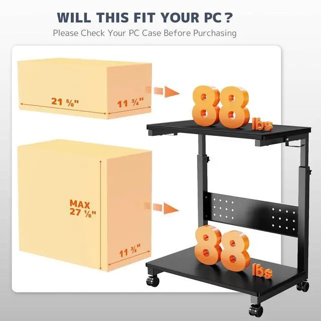 Alt view image 4 of 7 - Computer Tower Stand Cart - 2-Tier CPU Cart with 4 Casters, Rolling Holder with Pegboard & 2 Hooks, Height Adjustable from 19 1/8" to 31 11/16", for Office Home Gaming