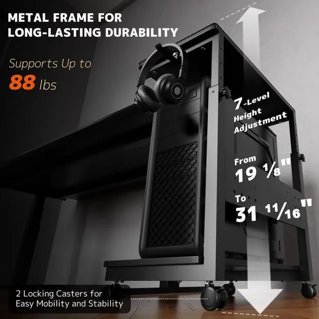 Alt view image 3 of 7 - Computer Tower Stand Cart - 2-Tier CPU Cart with 4 Casters, Rolling Holder with Pegboard & 2 Hooks, Height Adjustable from 19 1/8" to 31 11/16", for Office Home Gaming