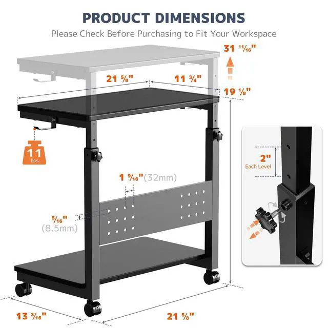 Alt view image 5 of 7 - Computer Tower Stand Cart - 2-Tier CPU Cart with 4 Casters, Rolling Holder with Pegboard & 2 Hooks, Height Adjustable from 19 1/8" to 31 11/16", for Office Home Gaming